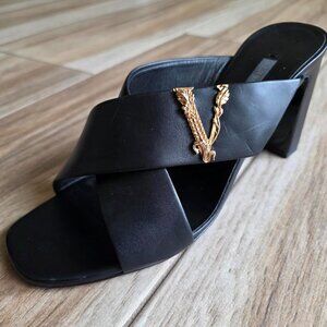 Versace Virtus Black Leather Crossover Mules Eur. 39.5